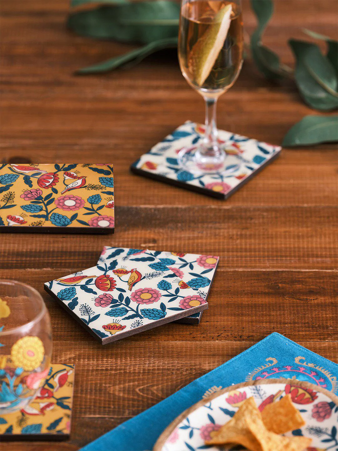 Chumbak Set of 6 Yellow & Pink Printed Coasters - Image 2