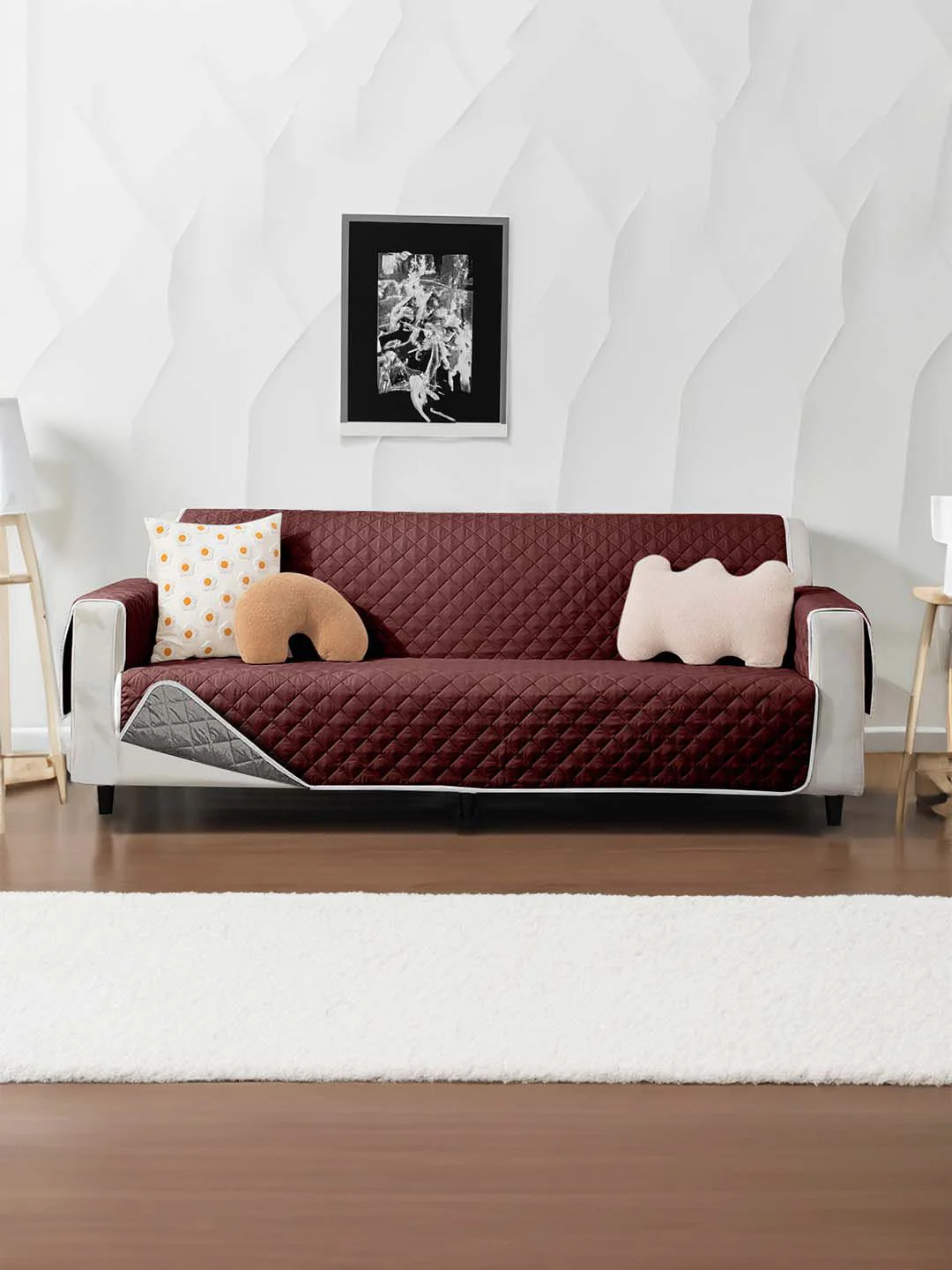 Cortina Brown & Grey Quilted 3 Seater Reversible Sofa Cover With Arms