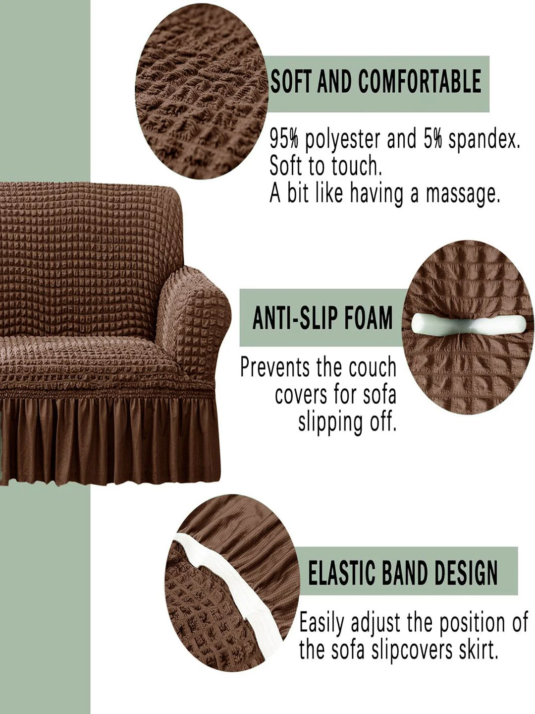Cortina Brown Stretchable 1-Seater Sofa Cover with Skirt - Image 4