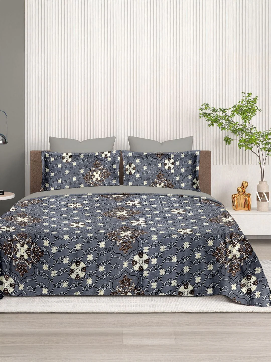 Cortina Glazed Cotton Grey Damask 140 TC King Bedsheet with 2 Pillow Covers - Image 2