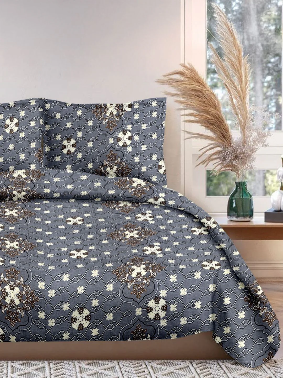 Cortina Glazed Cotton Grey Damask 140 TC King Bedsheet with 2 Pillow Covers - Image 3