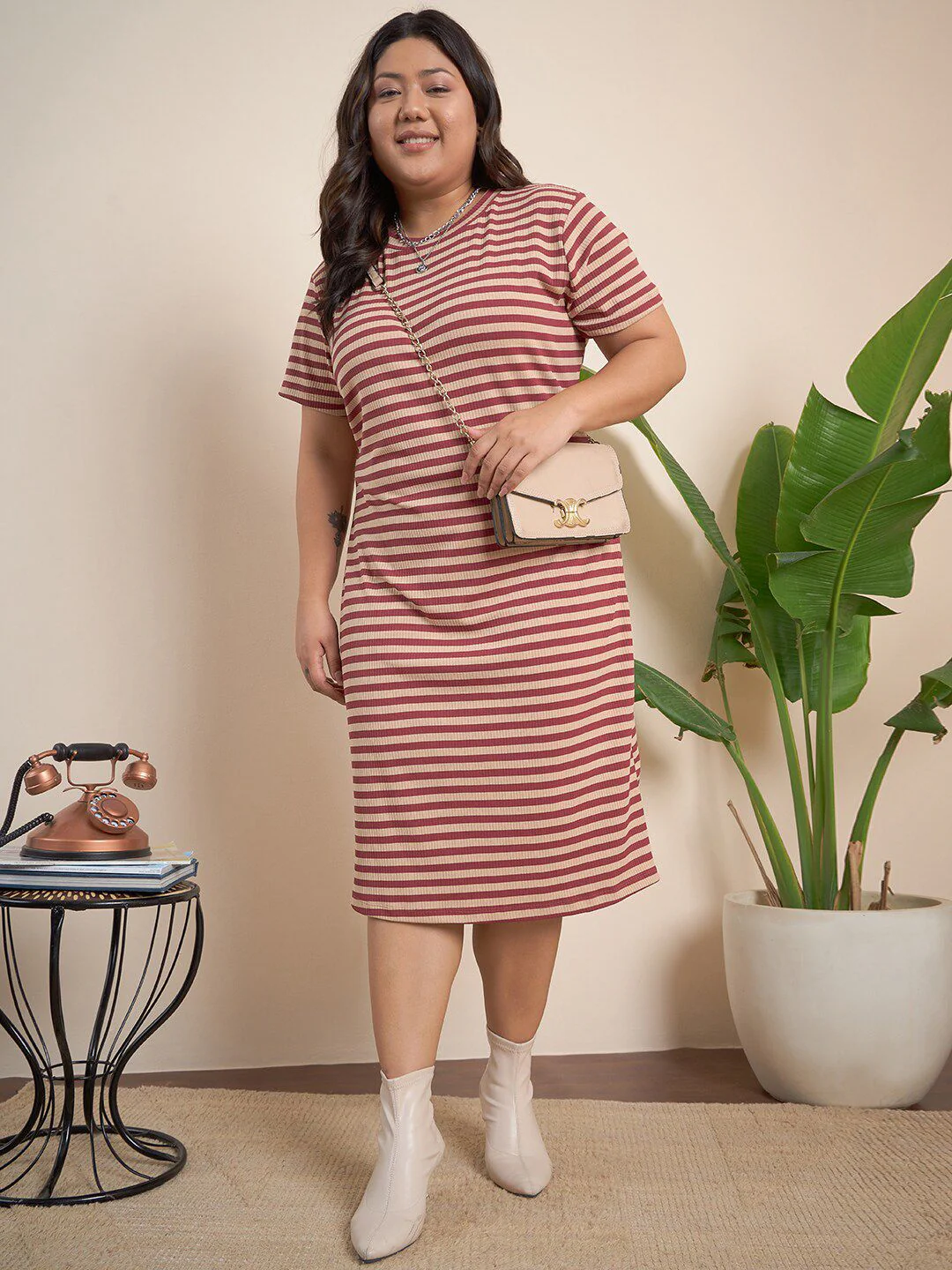 CURVY STREET Brown Plus Size Striped Midi T-shirt Dress - Image 4
