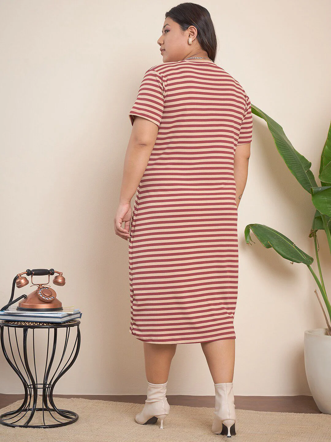 CURVY STREET Brown Plus Size Striped Midi T-shirt Dress - Image 5