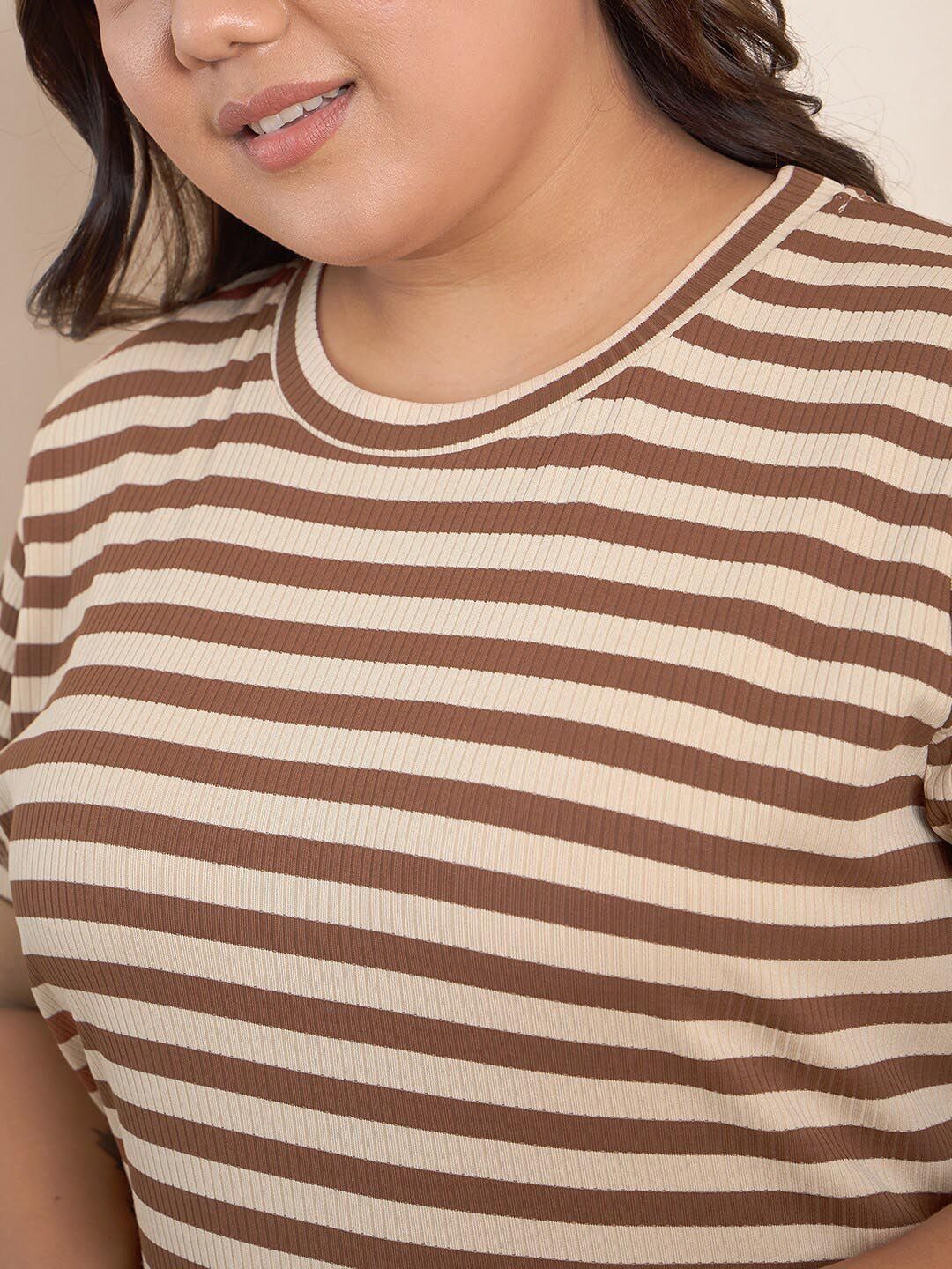 CURVY STREET Brown Plus Size Striped Midi T-shirt Dress - Image 2