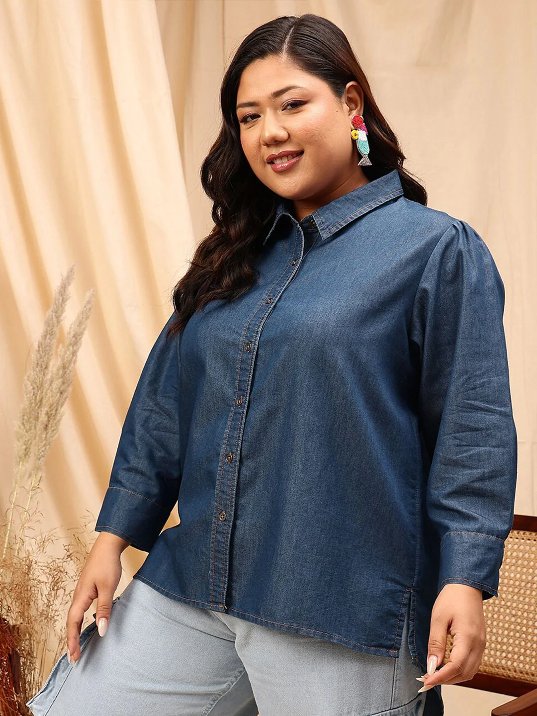CURVY STREET Comfort Opaque Chambray Cotton Casual Shirt - Image 3