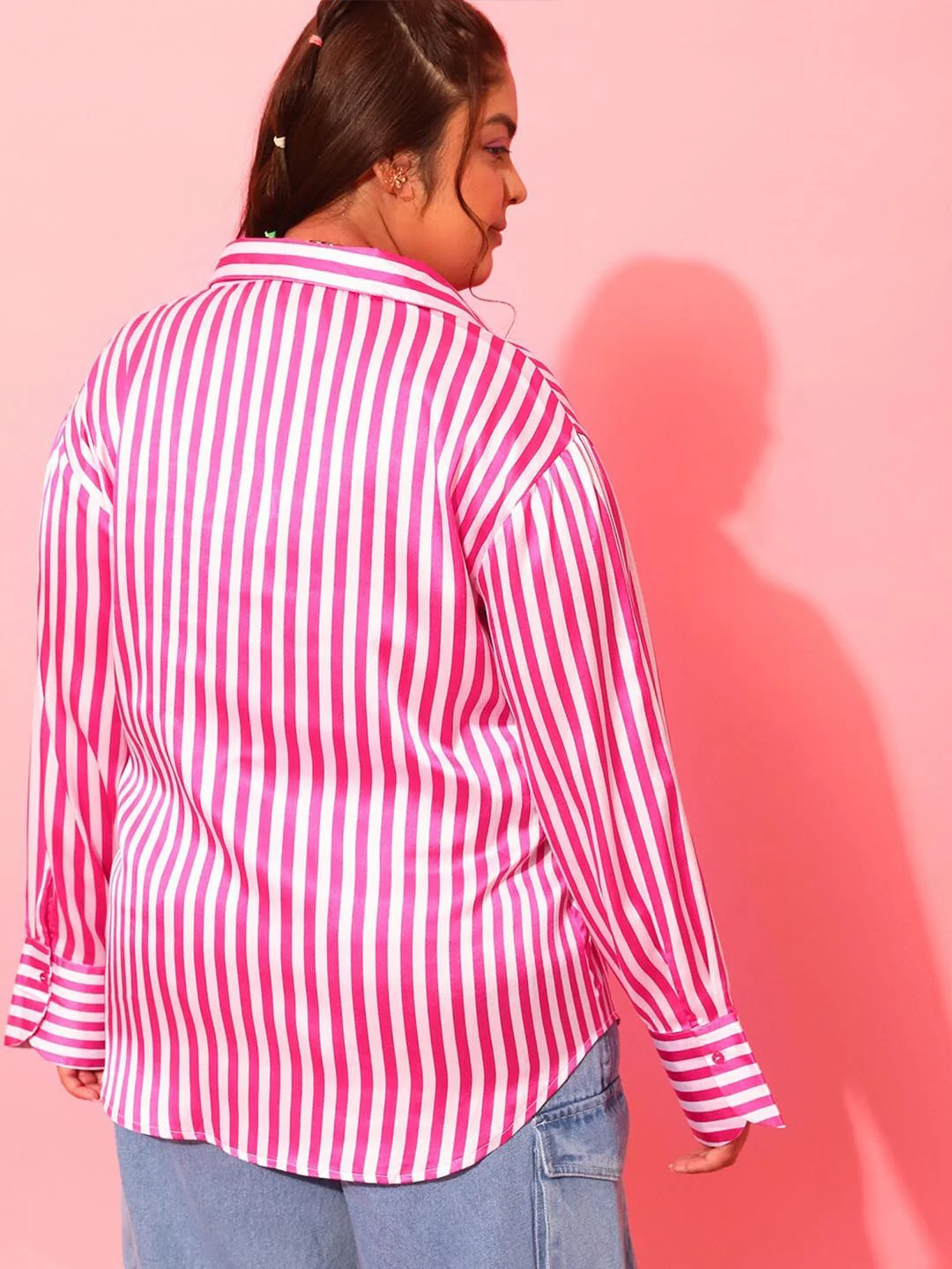 CURVY STREET Plus Size Pink & White Classic Vertical Striped Satin Shirt - Image 5
