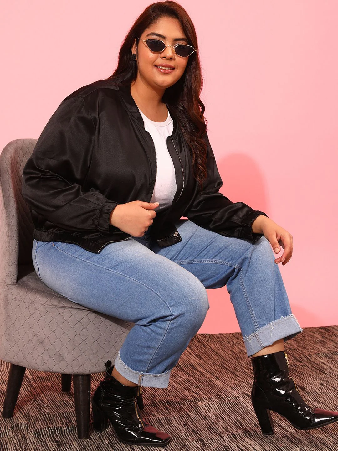 CURVY STREET Women Black Crop Bomber Jacket - Image 4