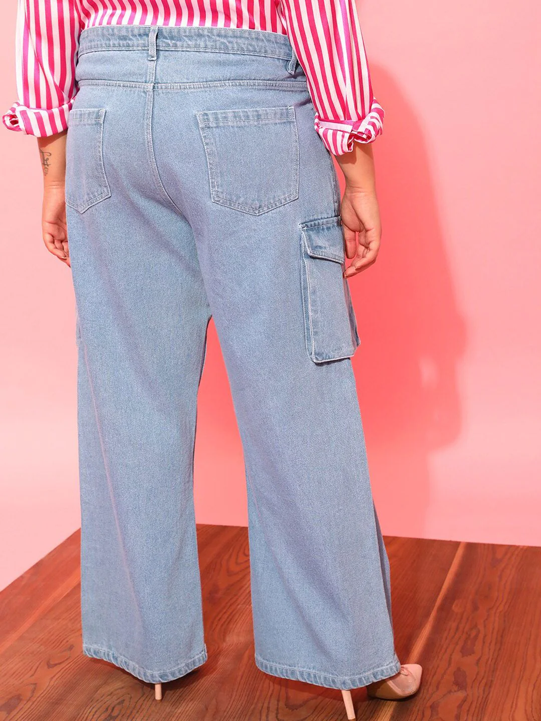 CURVY STREET Women Plus Size Blue Jean Wide Leg Pure Cotton Cargo Jeans - Image 3