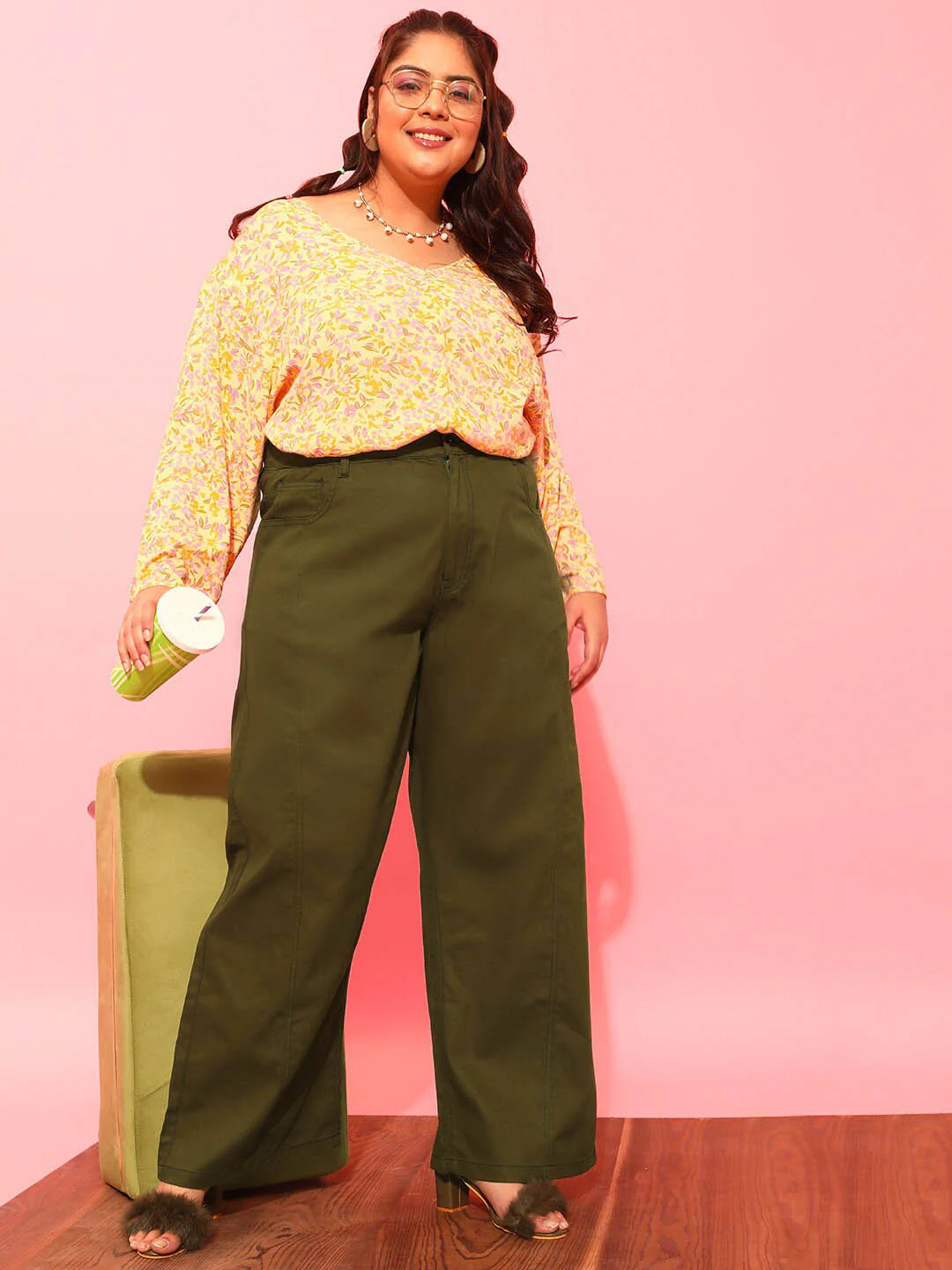CURVY STREET Women Plus Size Olive Green Relaxed Straight Leg Pure Cotton Trousers - Image 4