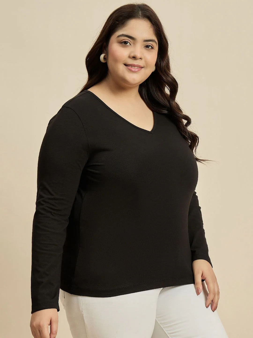 CURVY STREET Women Solid V-Neck Cotton Plus Size T-shirt - Image 3