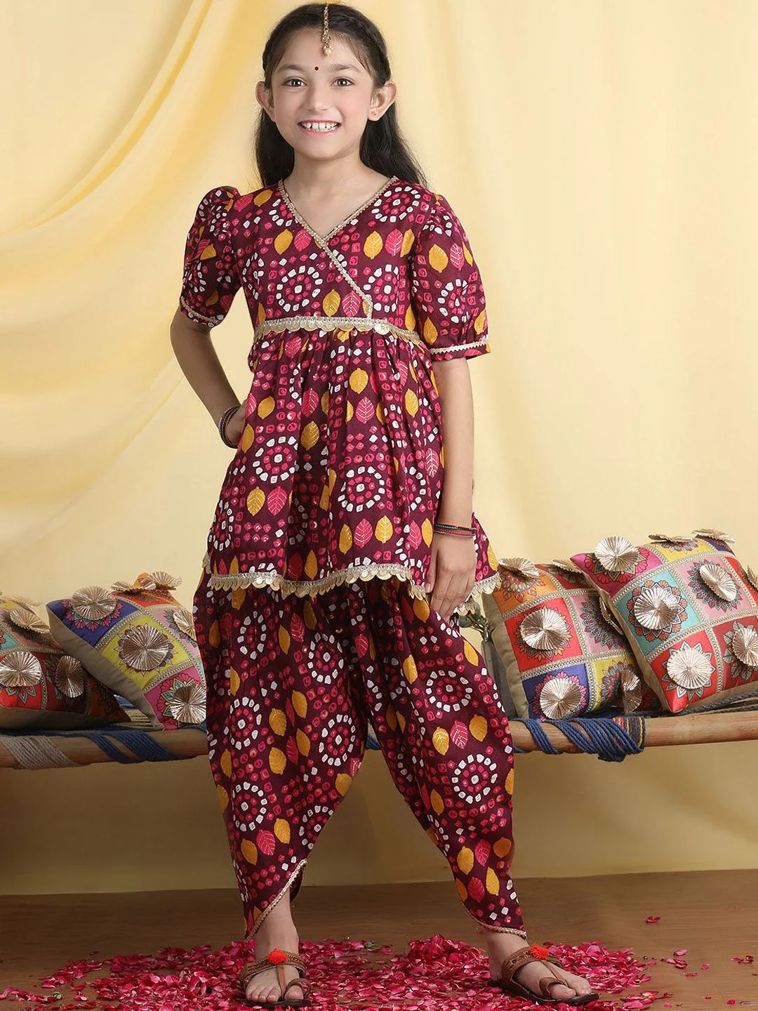 Cutiekins Girls Bandhani Printed Angrakha Gotta Patti Kurta with Dhoti Pants - Image 3