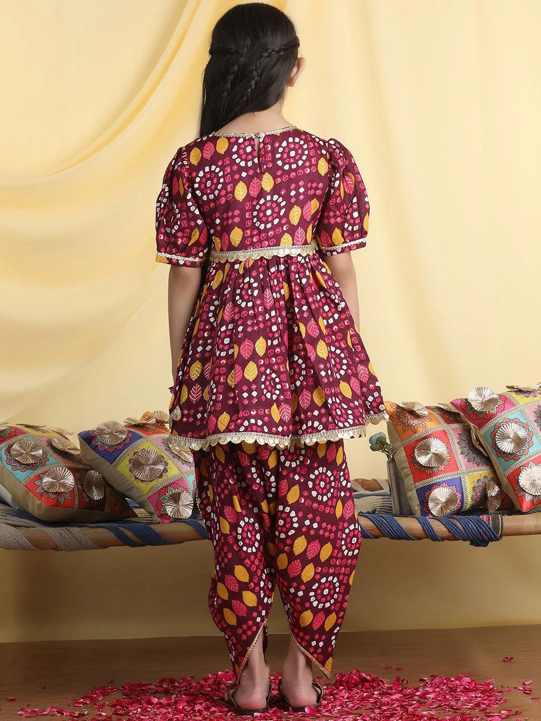 Cutiekins Girls Bandhani Printed Angrakha Gotta Patti Kurta with Dhoti Pants - Image 4
