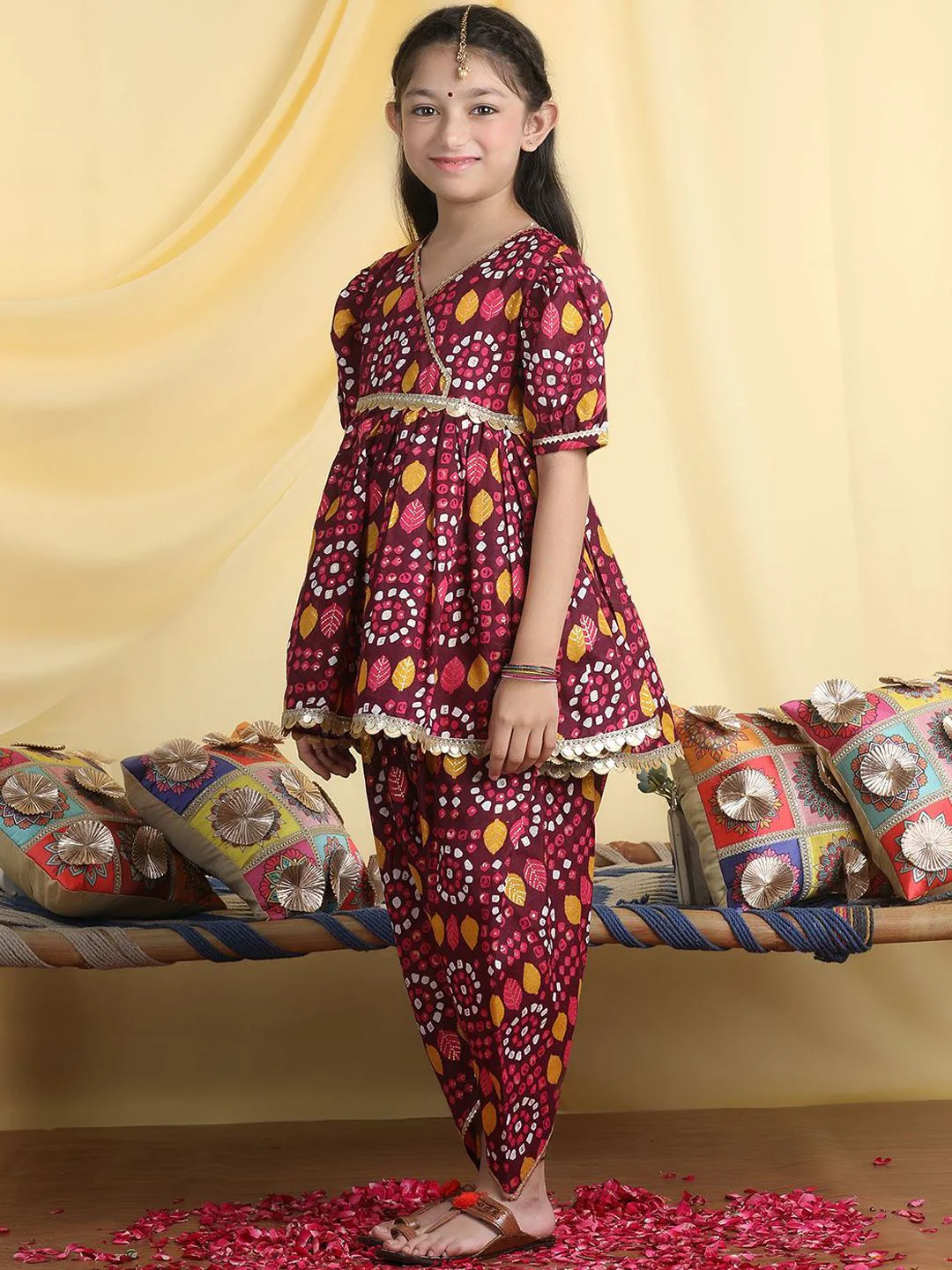 Cutiekins Girls Bandhani Printed Angrakha Gotta Patti Kurta with Dhoti Pants - Image 5