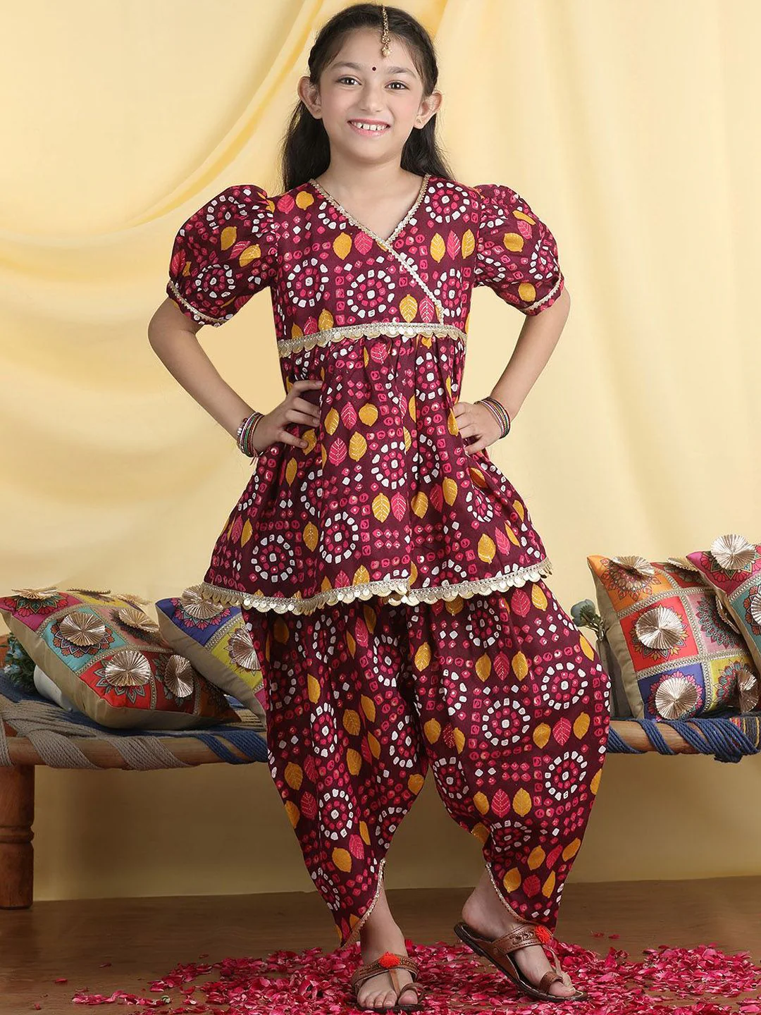 Cutiekins Girls Bandhani Printed Angrakha Gotta Patti Kurta with Dhoti Pants - Image 6