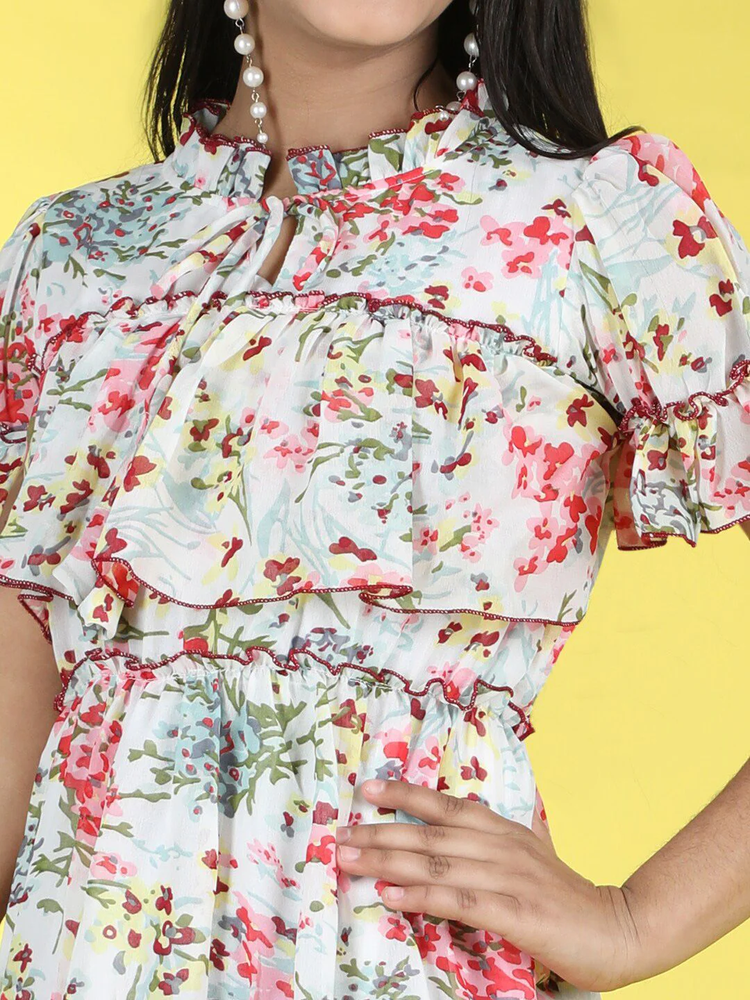 Cutiekins Girls Floral Print Ti Up Neck Georgette Fit & Flare Dress - Image 2