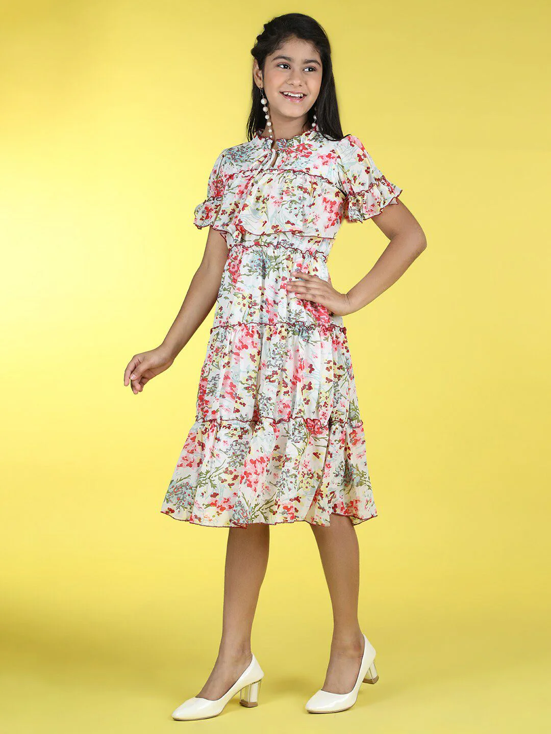 Cutiekins Girls Floral Print Ti Up Neck Georgette Fit & Flare Dress - Image 3