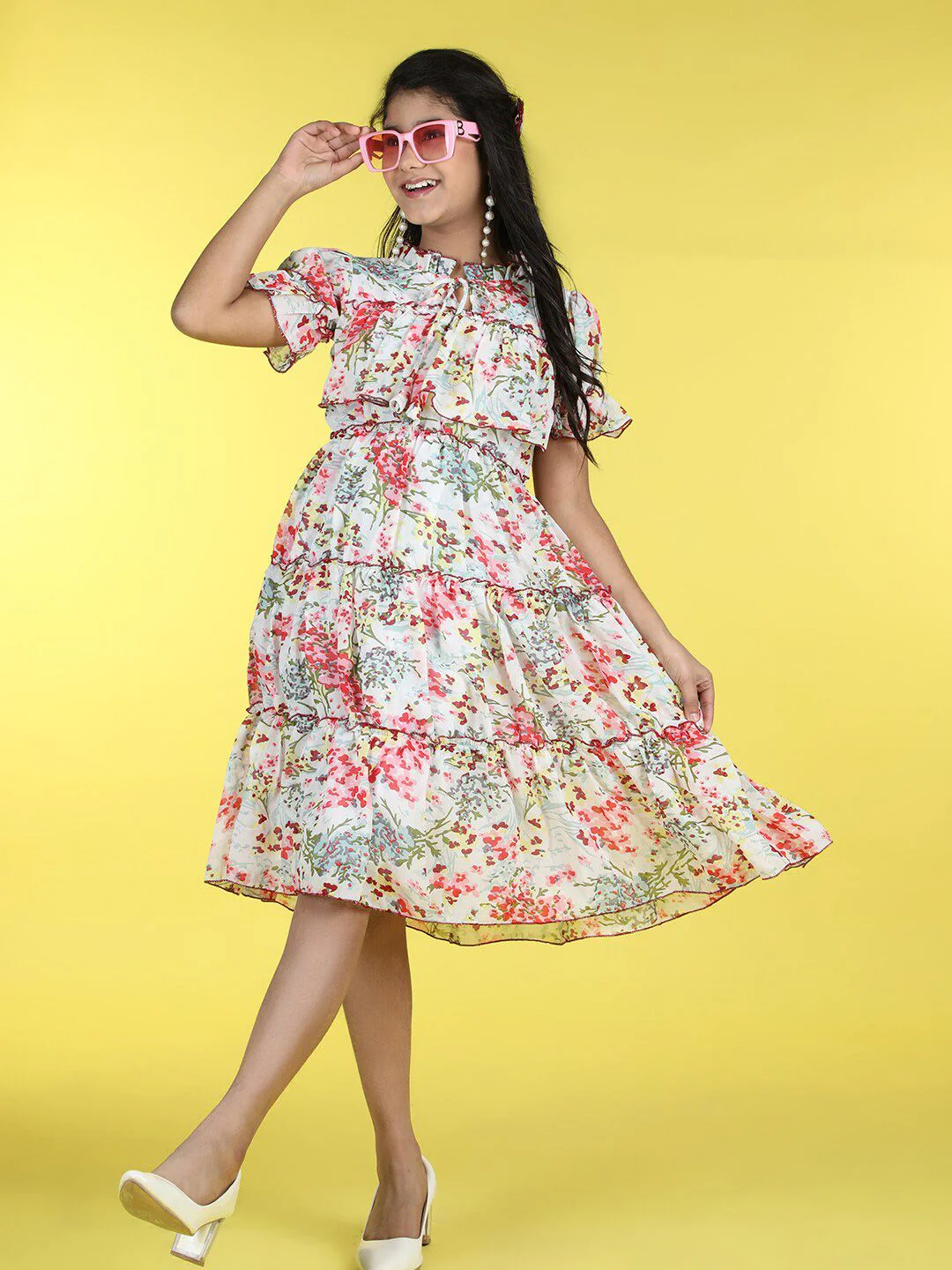 Cutiekins Girls Floral Print Ti Up Neck Georgette Fit & Flare Dress - Image 4