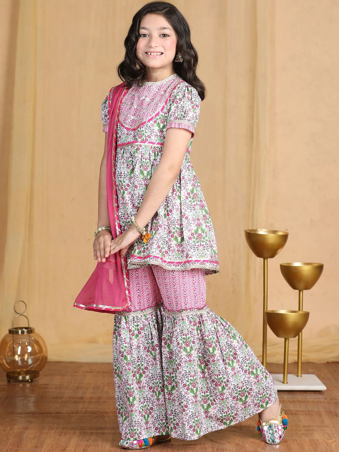 Cutiekins Girls Floral Printed Empire Gotta Patti Kurta with Sharara & With Dupatta - Image 3
