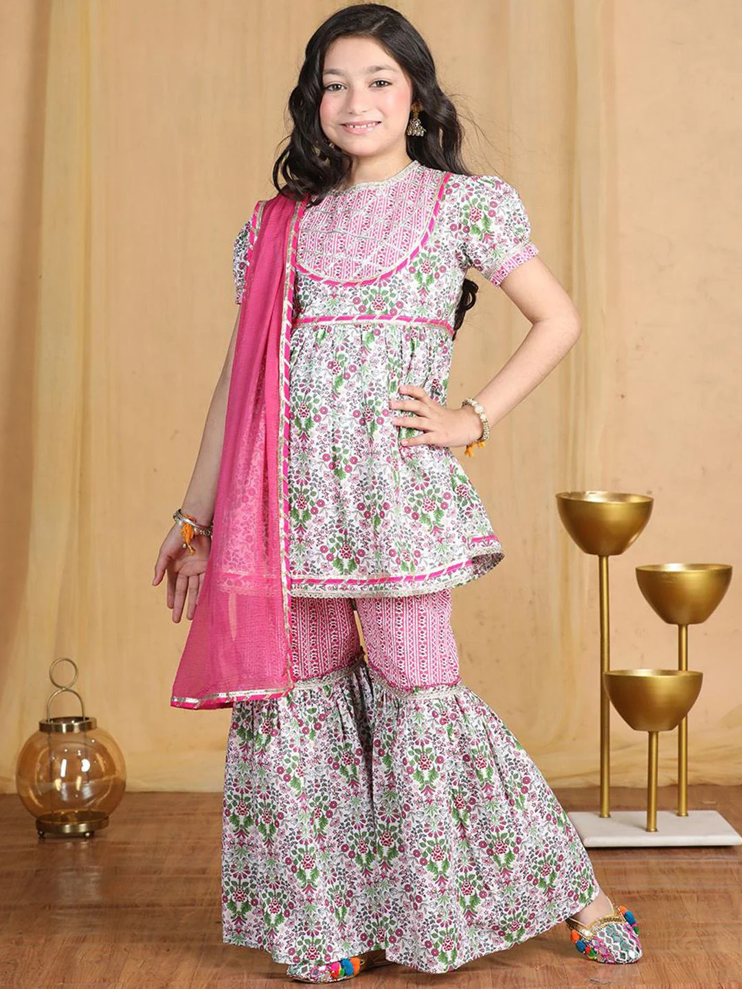 Cutiekins Girls Floral Printed Empire Gotta Patti Kurta with Sharara & With Dupatta - Image 4
