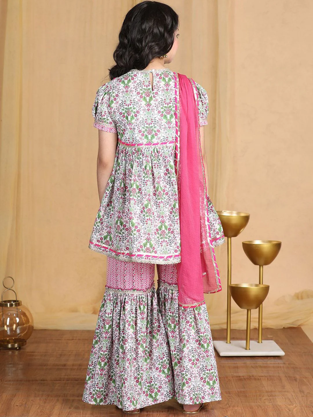 Cutiekins Girls Floral Printed Empire Gotta Patti Kurta with Sharara & With Dupatta - Image 5