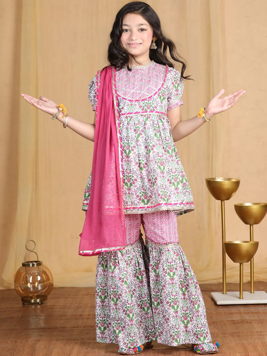 Cutiekins Girls Floral Printed Empire Gotta Patti Kurta with Sharara & With Dupatta - Image 6