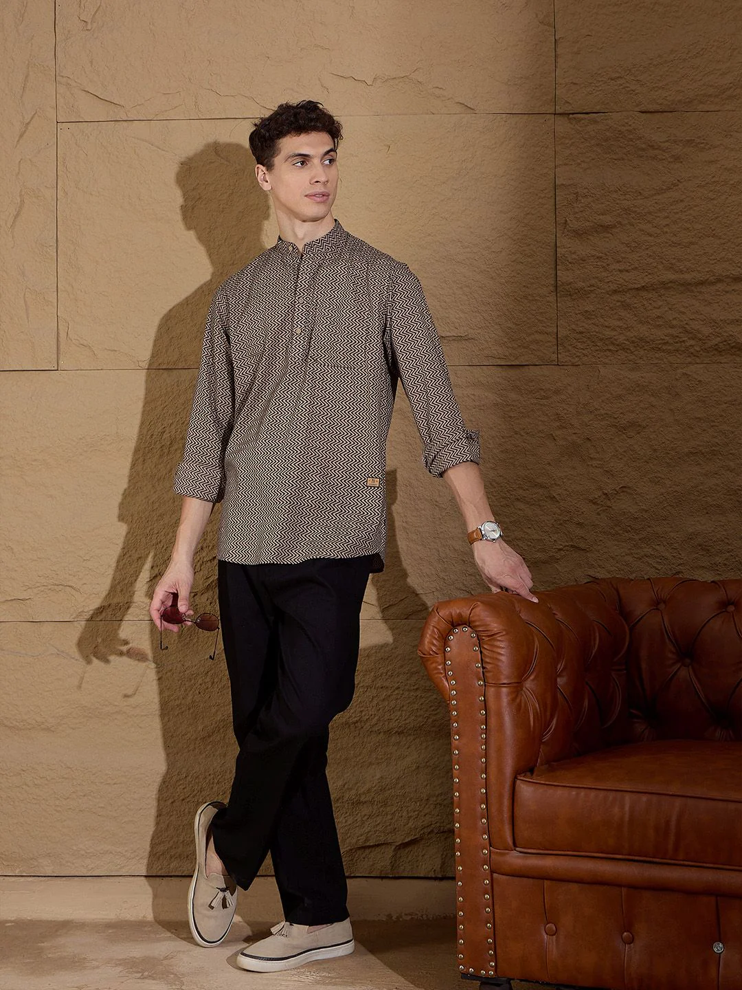 DENNISON Chevron Printed Pure Cotton Band Collar Straight Kurta - Image 6