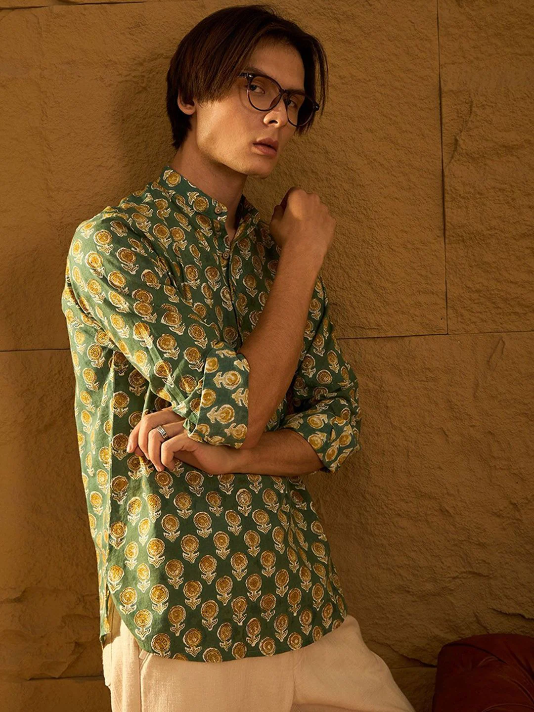 DENNISON Floral Block Printed Mandarin Collar Cotton Short Kurta - Image 3