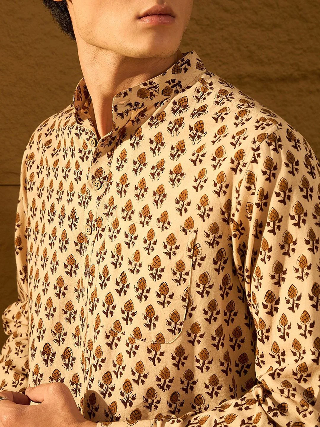 DENNISON Floral Block Printed Mandarin Collar Cotton Short Kurta - Image 2