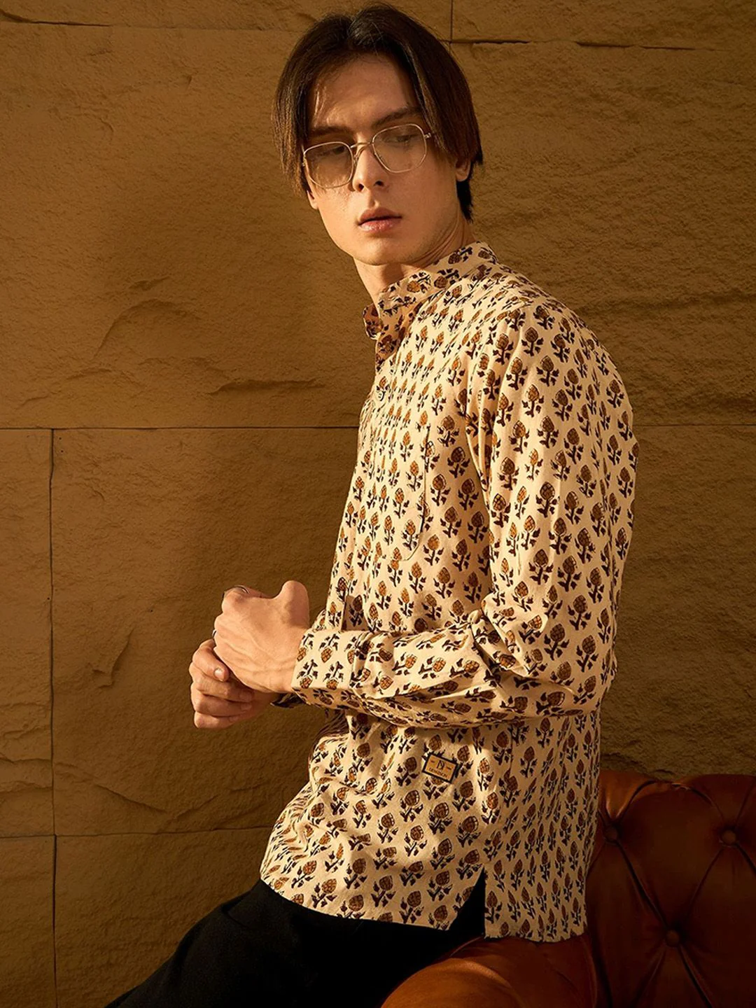 DENNISON Floral Block Printed Mandarin Collar Cotton Short Kurta - Image 5