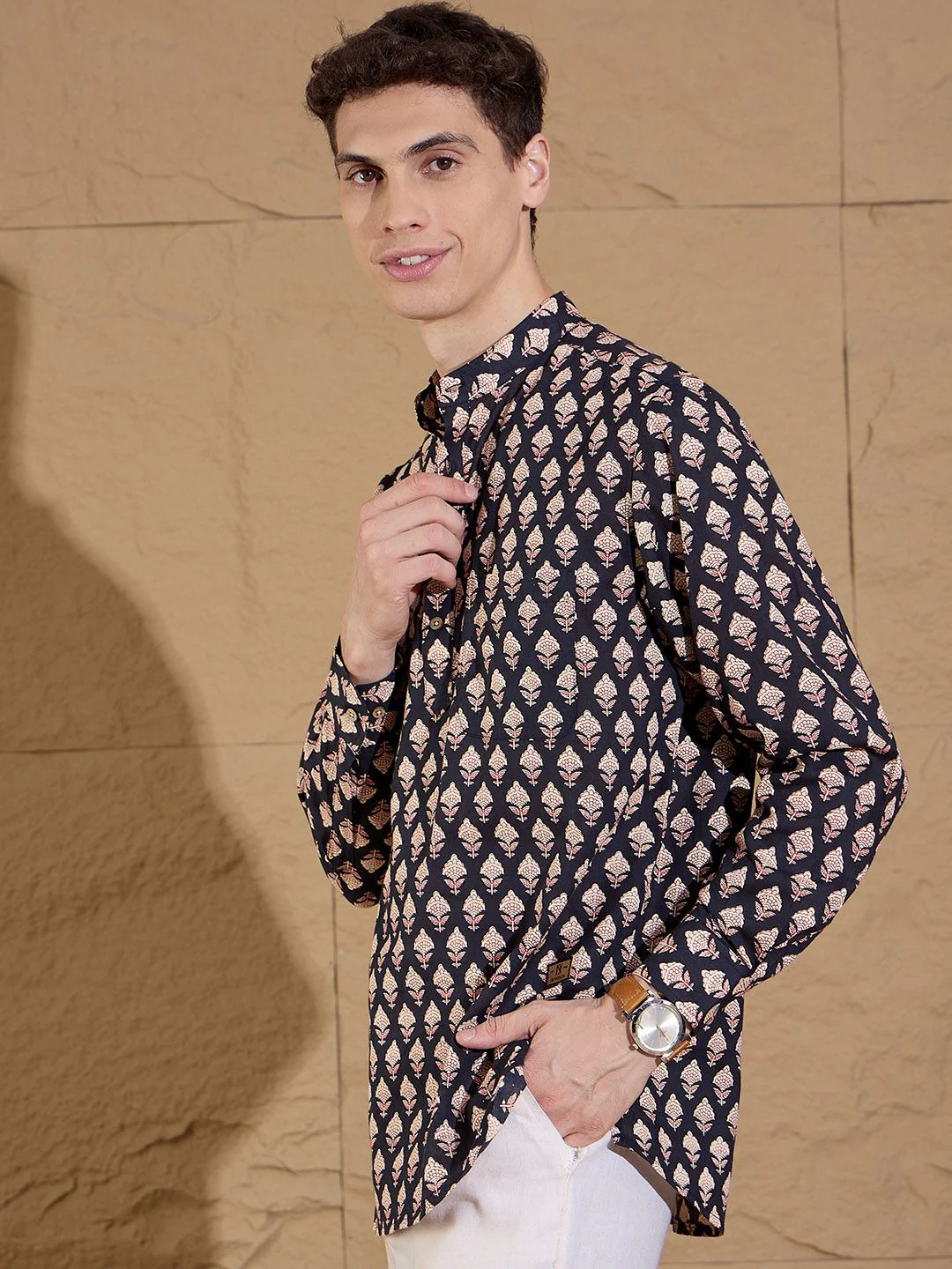 DENNISON Floral Printed Band Collar Pure Cotton Straight Kurta - Image 5