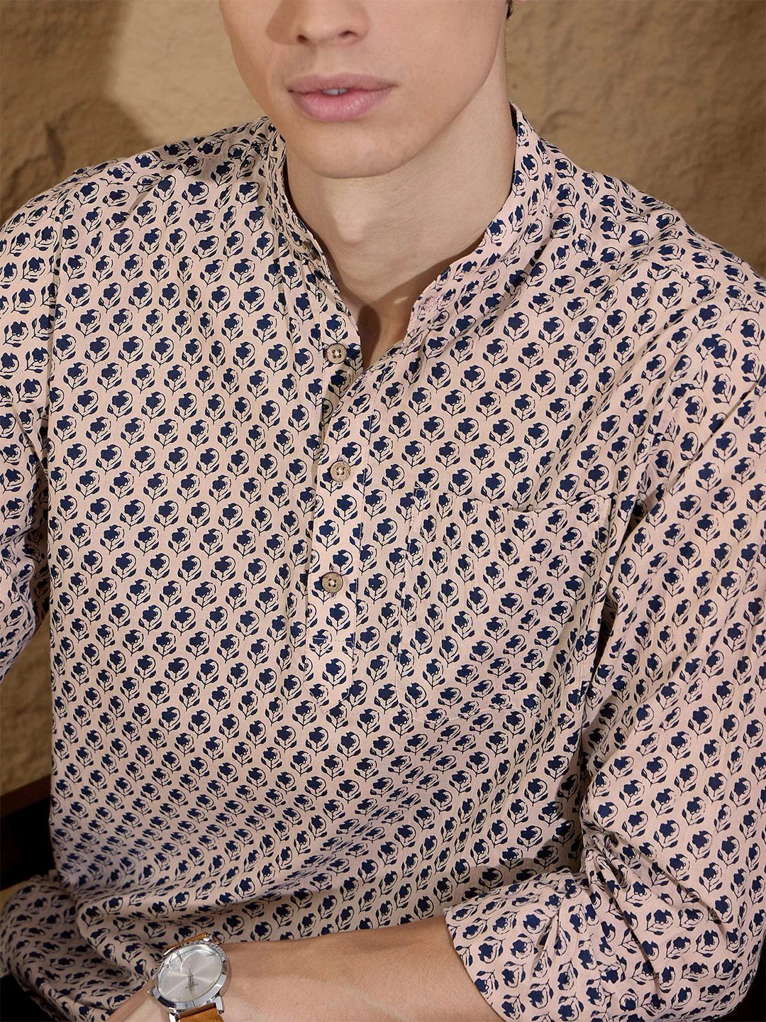 DENNISON Floral Printed Pure Cotton Band Collar Straight Kurta