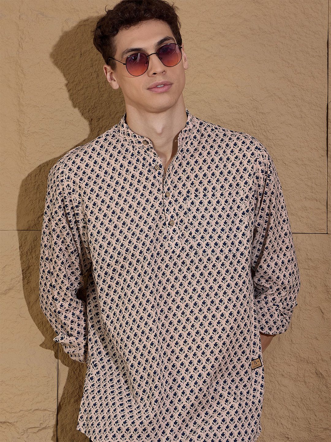 DENNISON Floral Printed Pure Cotton Band Collar Straight Kurta - Image 3