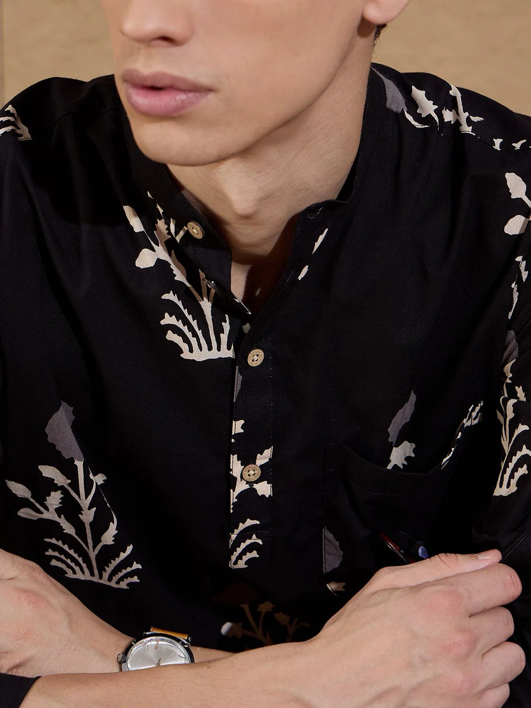 DENNISON Floral Printed Pure Cotton Band Collar Straight Kurta - Image 2