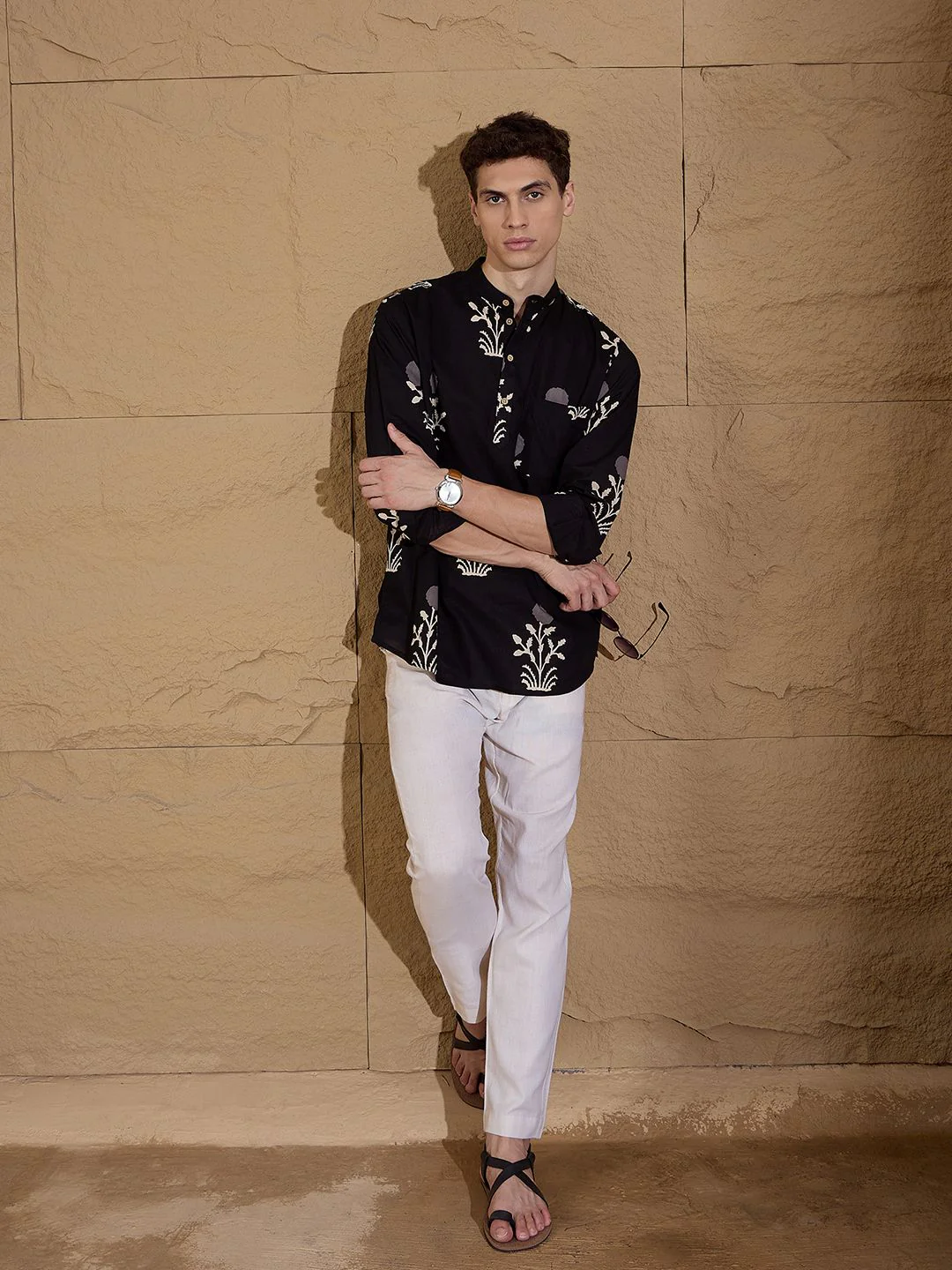 DENNISON Floral Printed Pure Cotton Band Collar Straight Kurta - Image 4