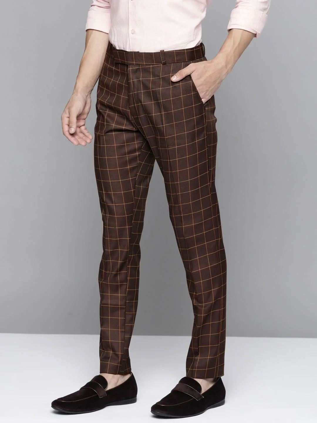 DENNISON Men Burgundy Checked Smart Tapered Fit Trousers - Image 2