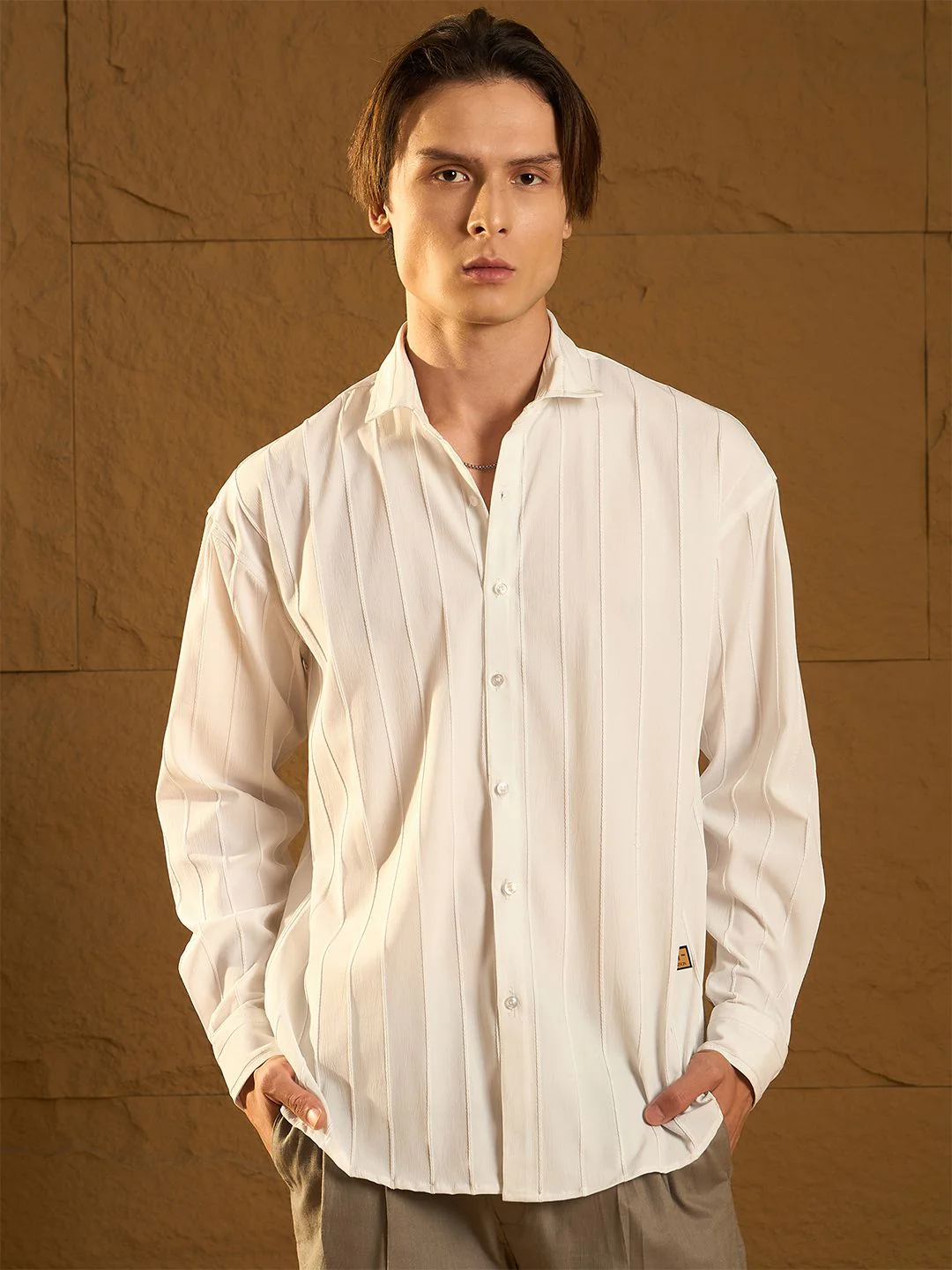 DENNISON Men Drop Shoulder Oversized Vertical Striped Casual Shirt - Image 2