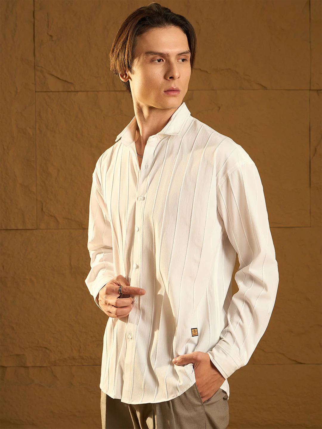 DENNISON Men Drop Shoulder Oversized Vertical Striped Casual Shirt - Image 5