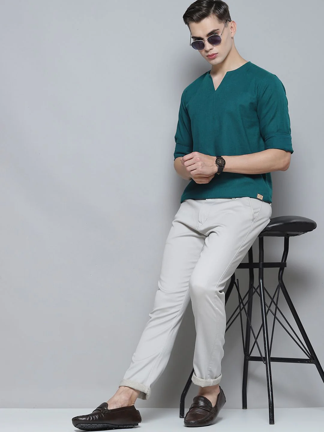 DENNISON Men Green Comfort Slim Fit Short Kurta - Image 6