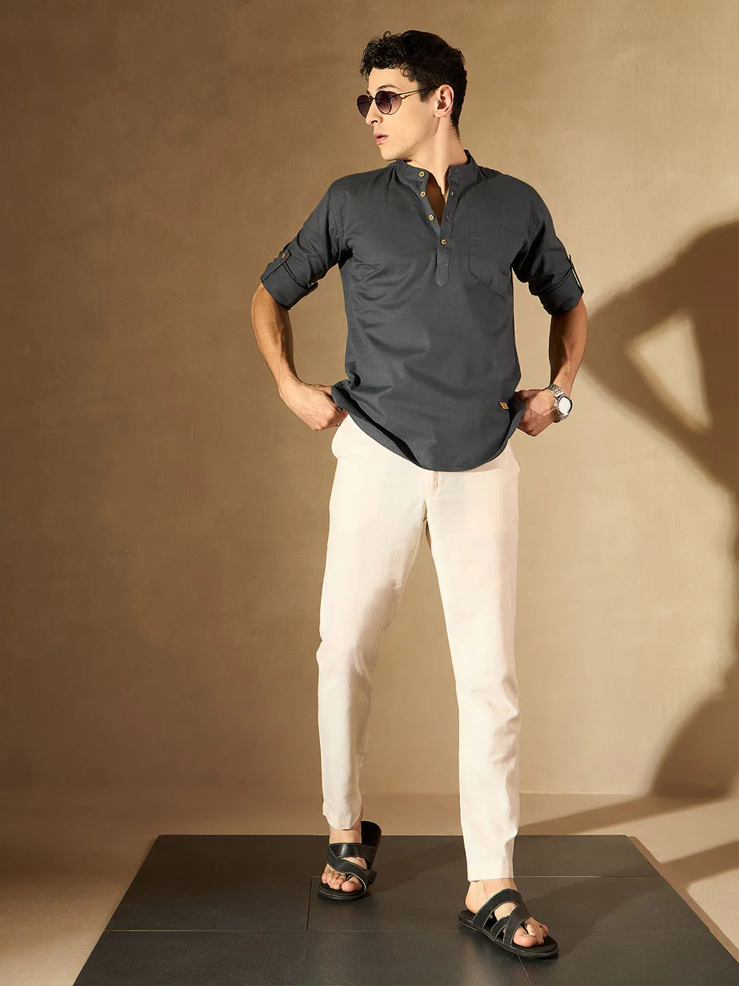 DENNISON Men Grey Pure Cotton Solid Kurta - Image 2