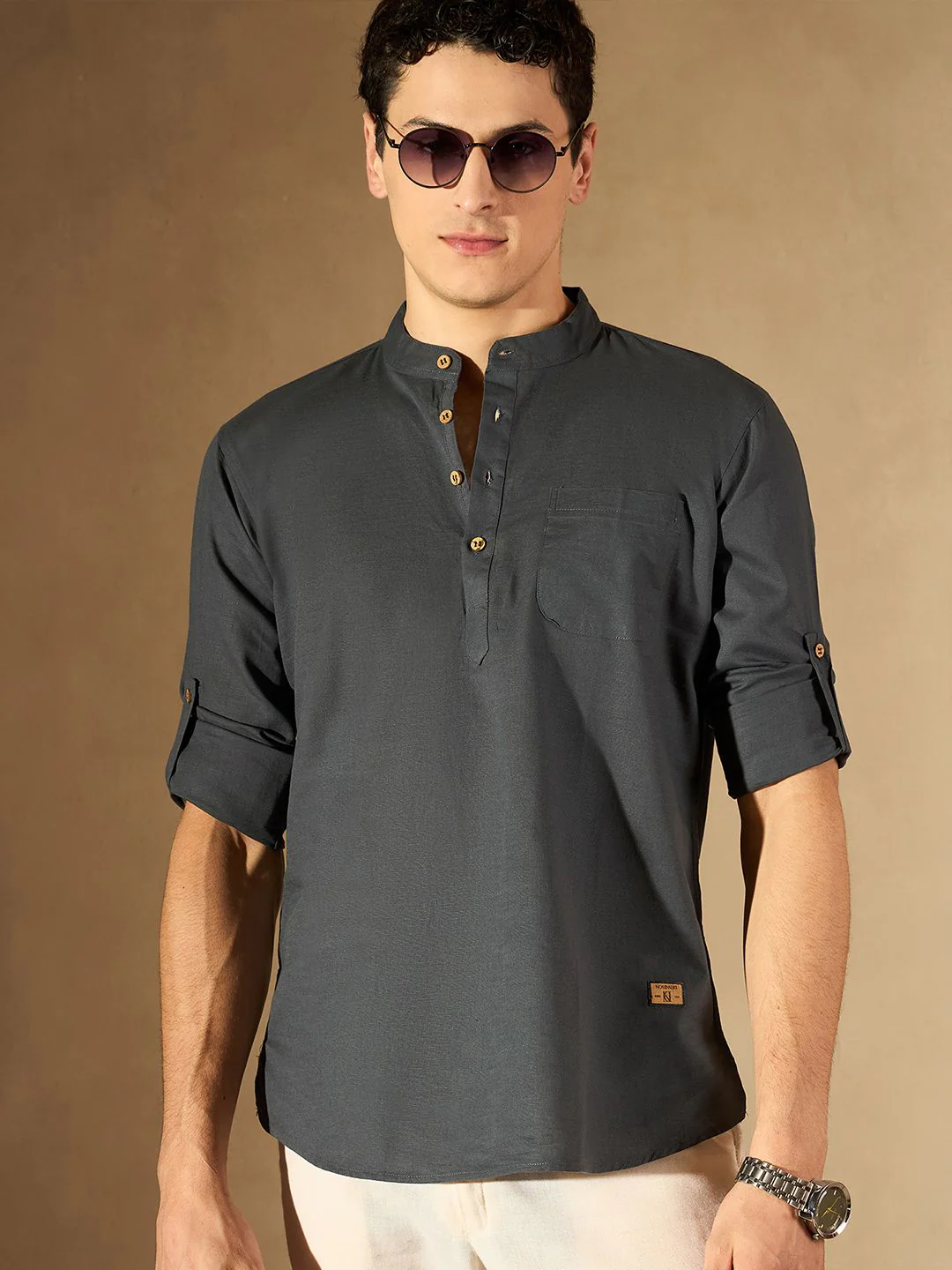 DENNISON Men Grey Pure Cotton Solid Kurta - Image 3