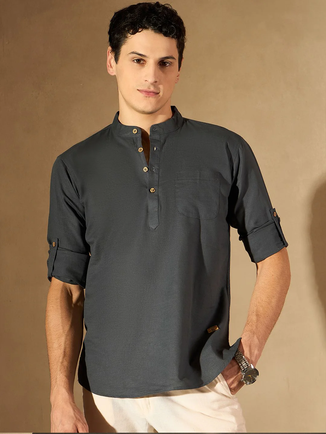 DENNISON Men Grey Pure Cotton Solid Kurta - Image 4