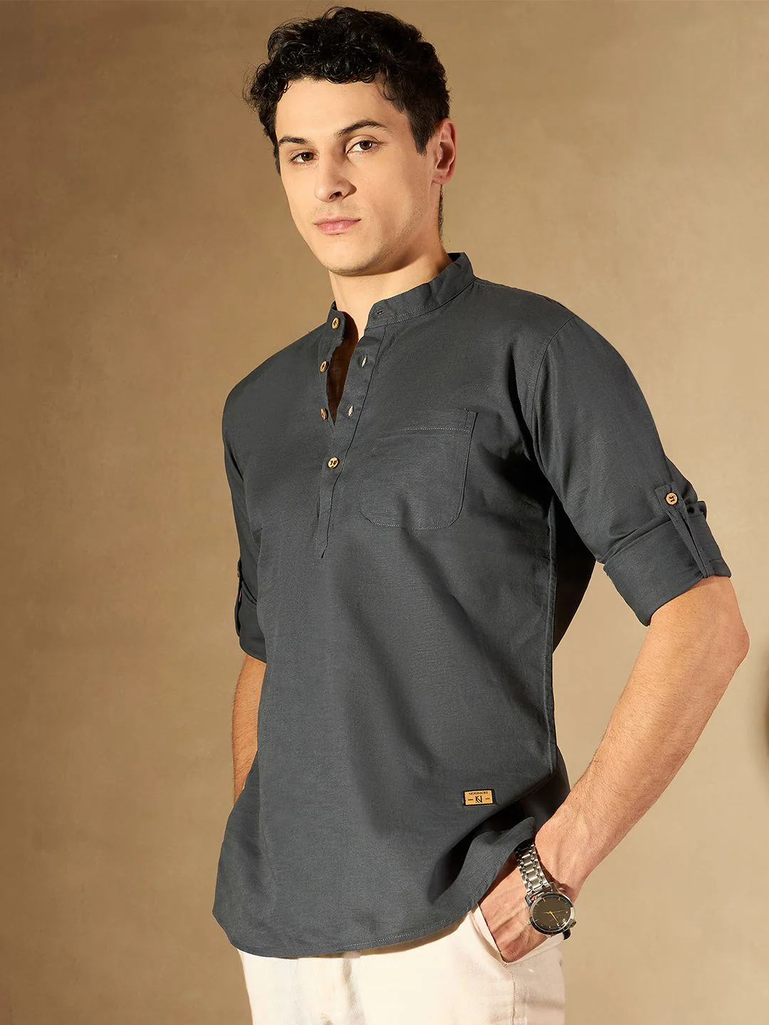 DENNISON Men Grey Pure Cotton Solid Kurta - Image 6