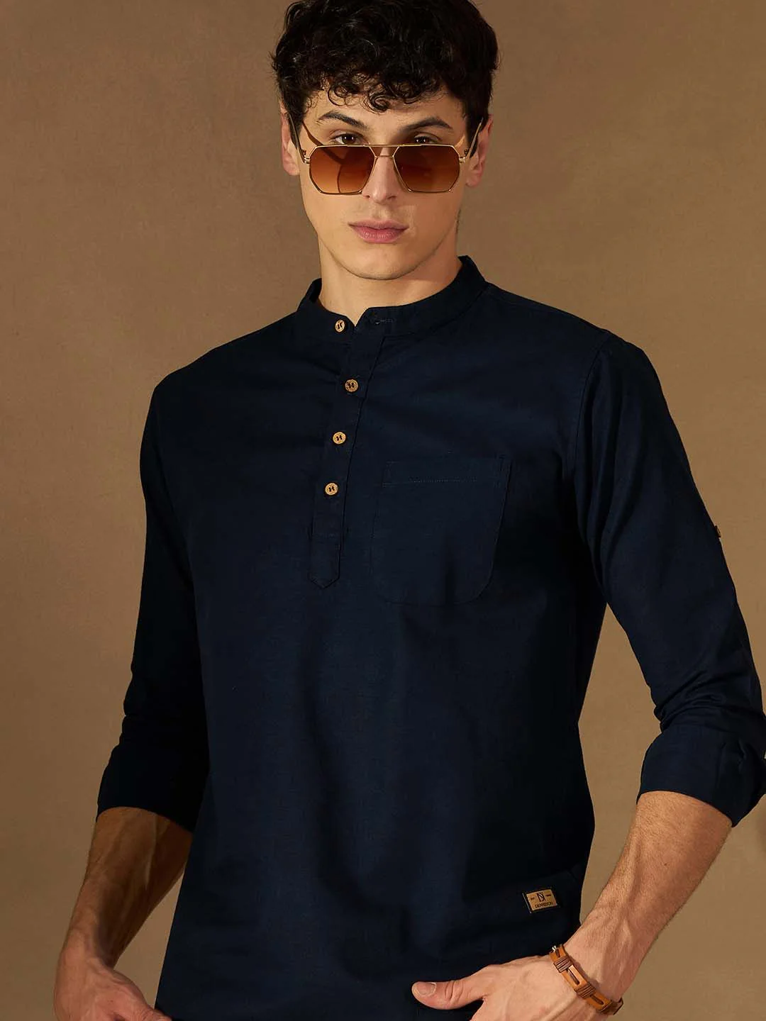 DENNISON Men Navy Blue Solid Straight Pure Cotton Short Kurta - Image 3