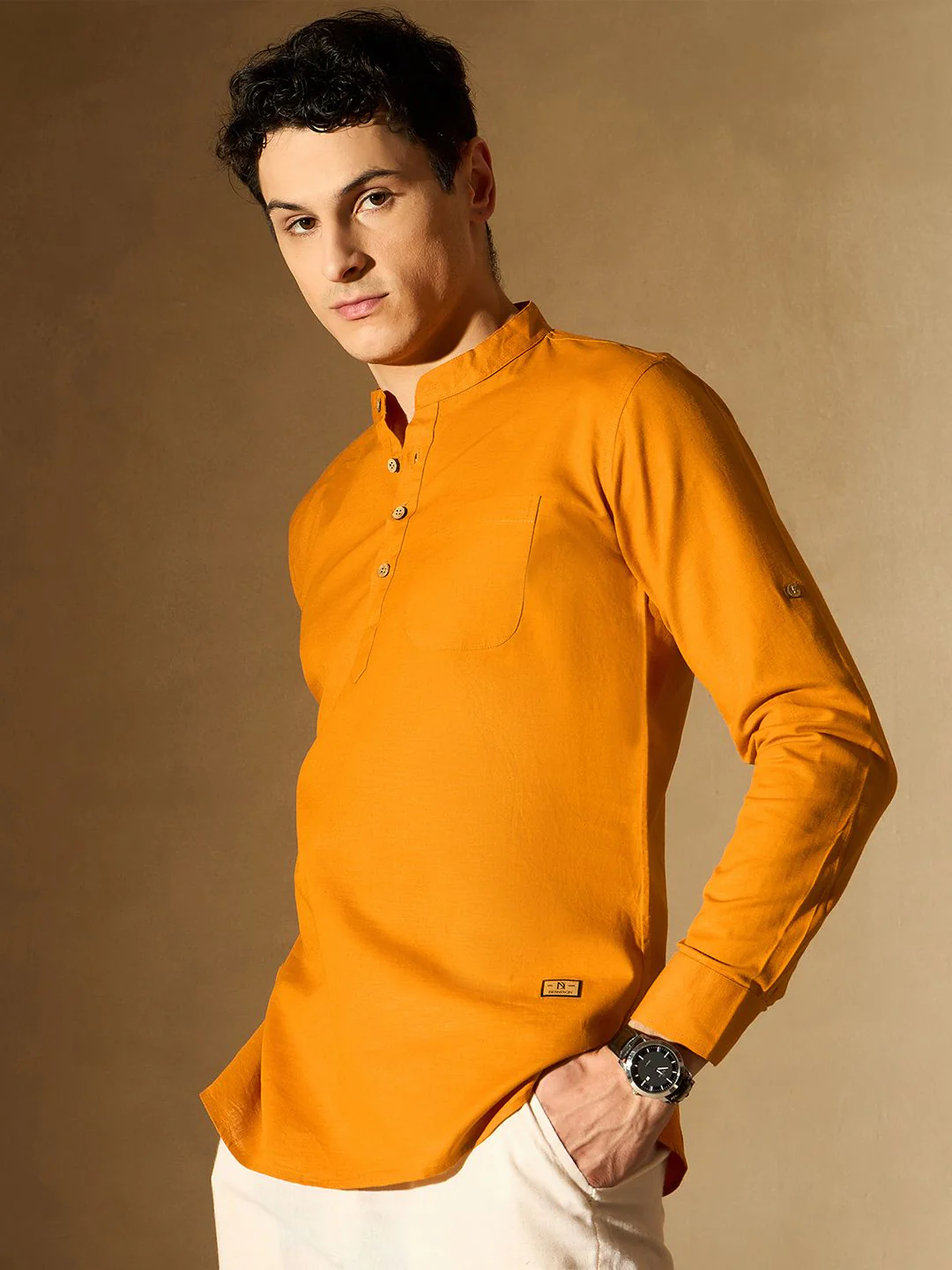 DENNISON Men Orange Comfort Slim Fit Short Kurta - Image 3