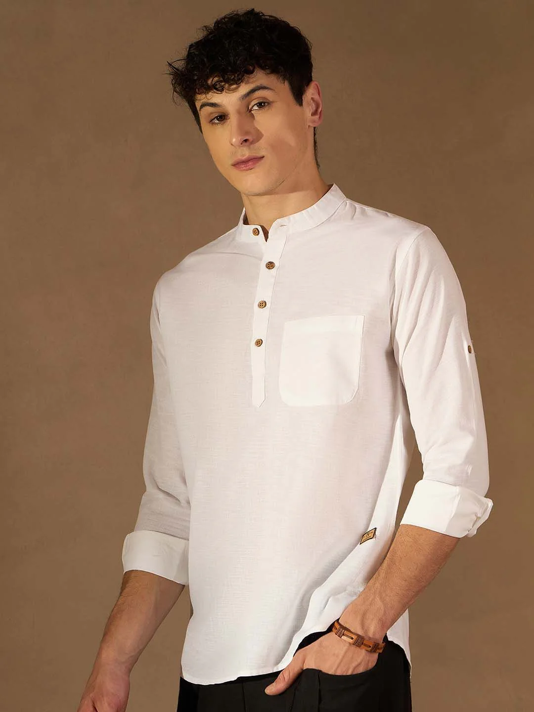 DENNISON Men White Solid Straight Pure Cotton Short Kurta - Image 5