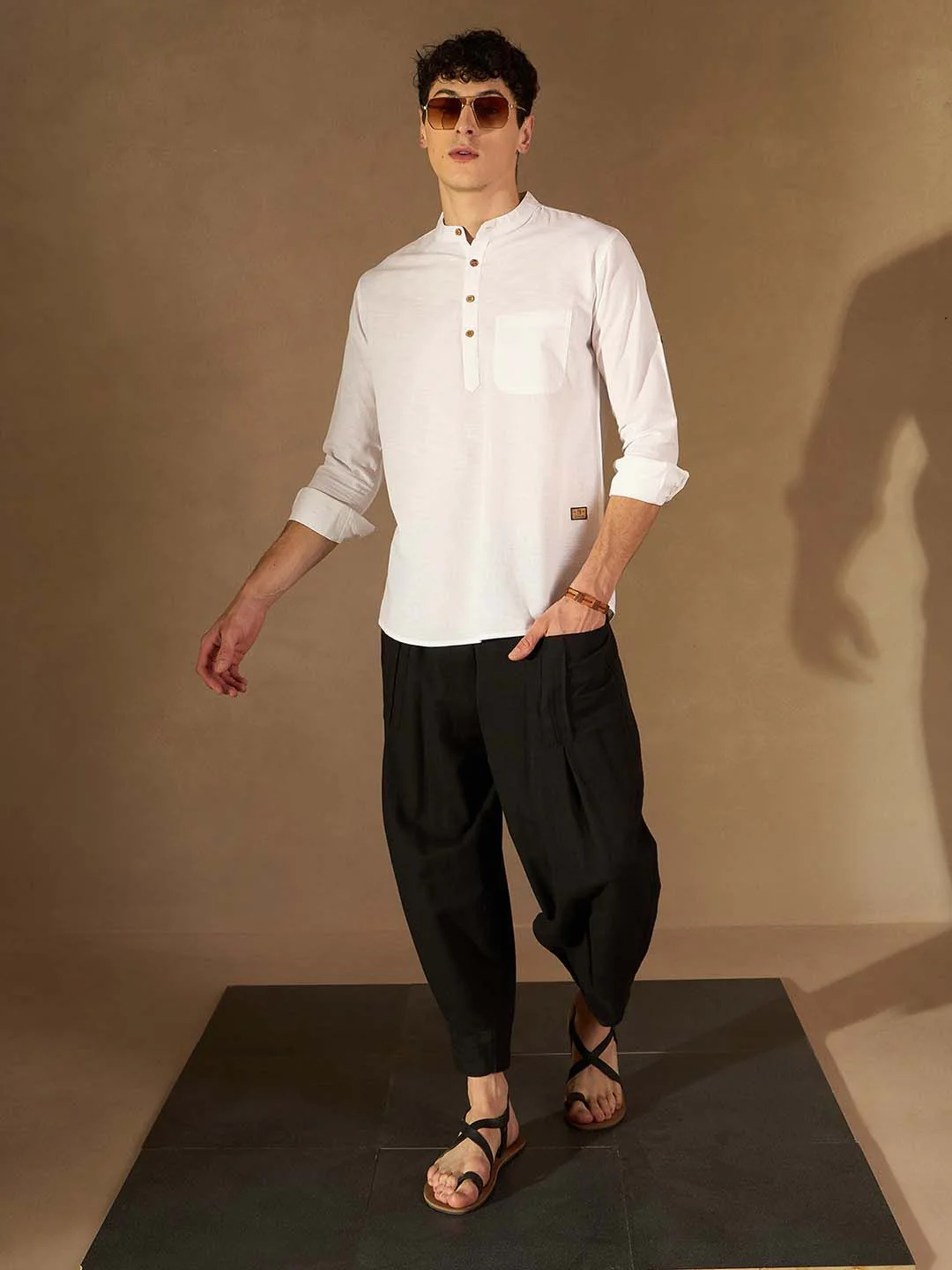 DENNISON Men White Solid Straight Pure Cotton Short Kurta - Image 6