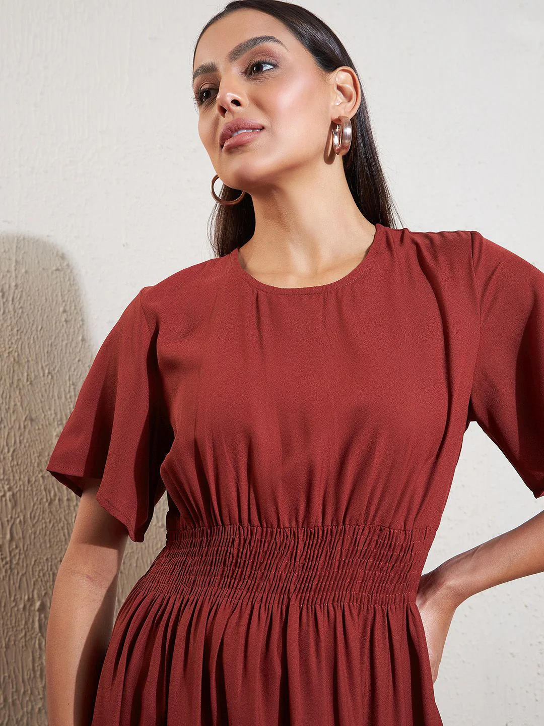 DENNISON Rust Crepe Fit & Flare Smocked Dress - Image 5