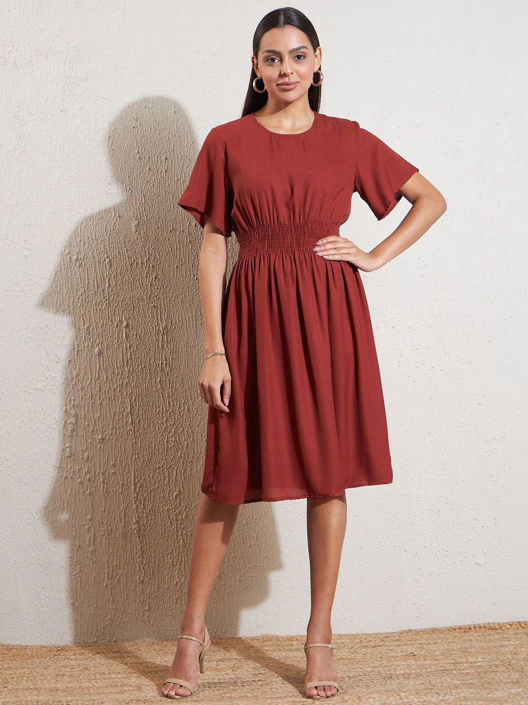DENNISON Rust Crepe Fit & Flare Smocked Dress - Image 6