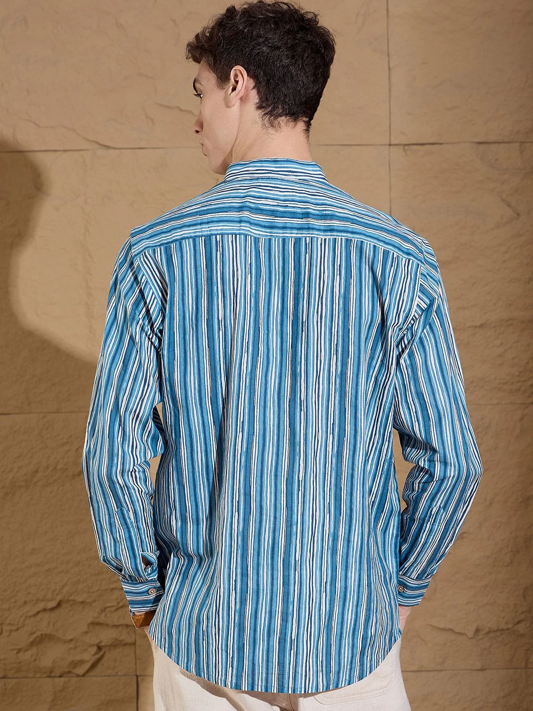 DENNISON Striped Band Collar Pure Cotton Straight Short Kurta - Image 5