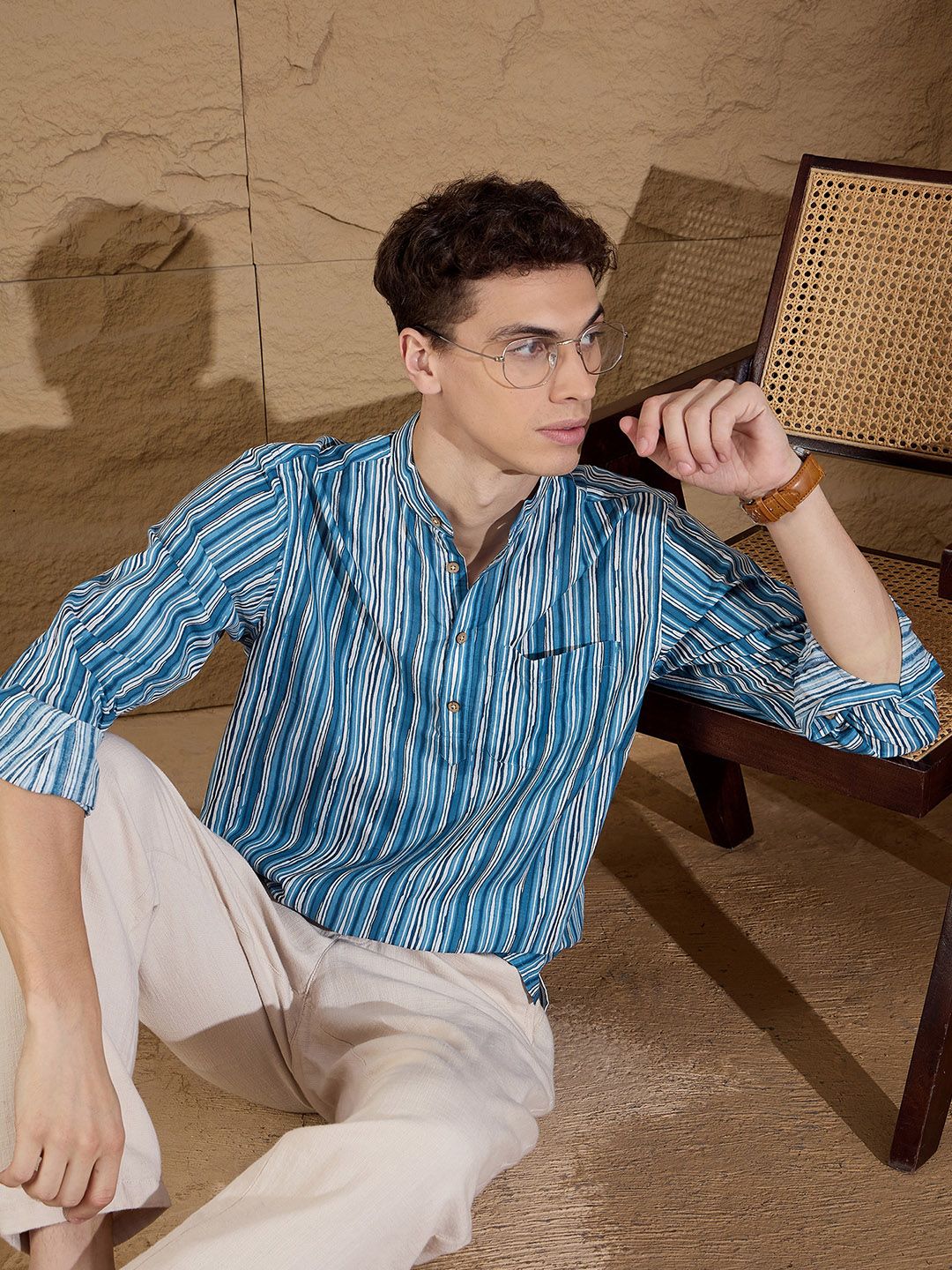 DENNISON Striped Band Collar Pure Cotton Straight Short Kurta - Image 6